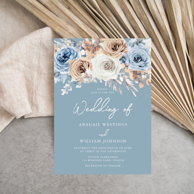 Invitation Dusty Bleu Blanc Bohème Floral Mariage moderne (Créateur téléchargé)