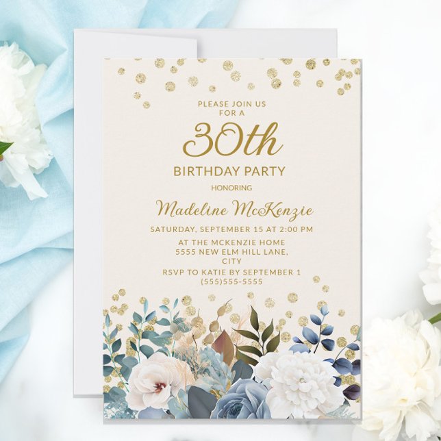 Invitation Dusty Bleu Blanc Floral Or 30e anniversaire (Créateur téléchargé)