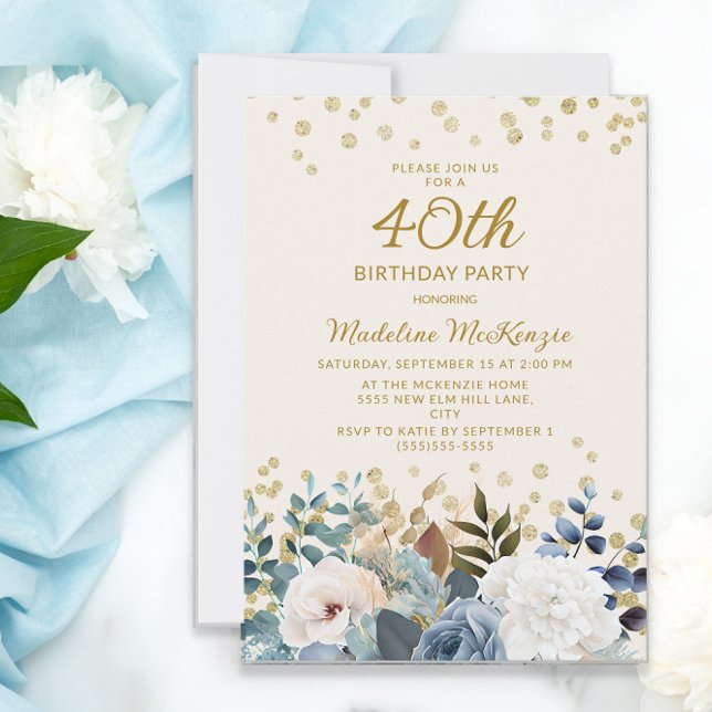 Invitation Dusty Bleu Blanc Floral Or 40e anniversaire (Créateur téléchargé)