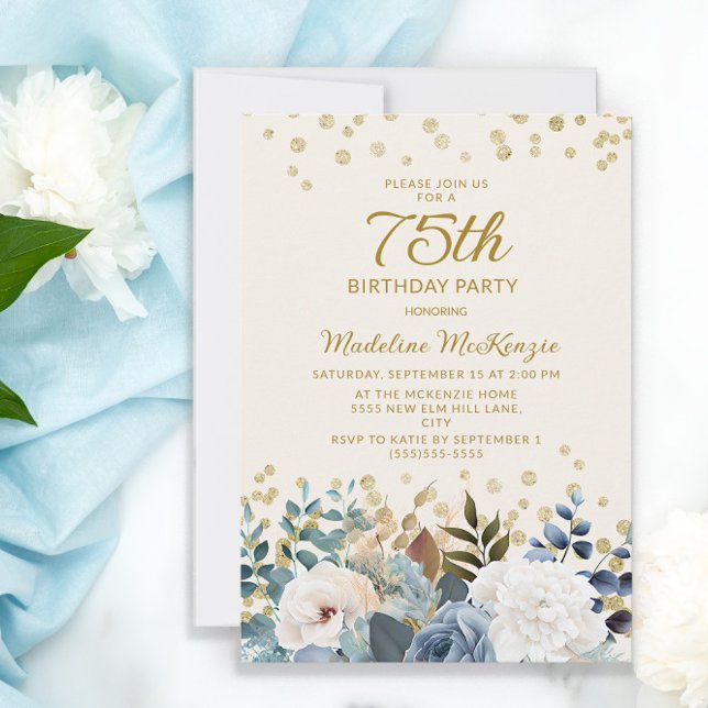 Invitation Dusty Bleu Blanc Floral Or 75e anniversaire (Créateur téléchargé)