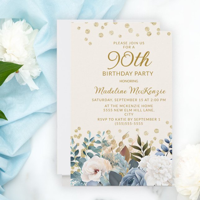 Invitation Dusty Bleu Blanc Floral Or 90e anniversaire (Créateur téléchargé)