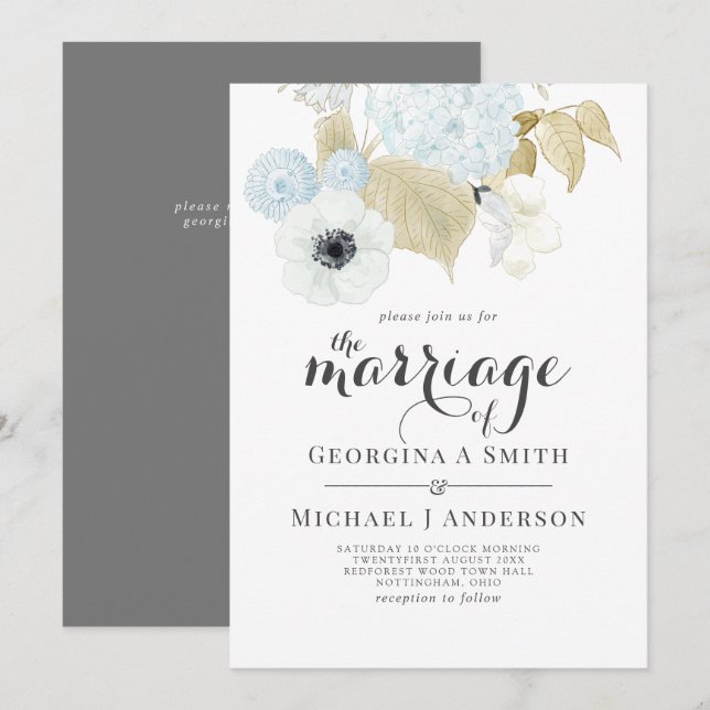 Invitation Dusty Bleu Blanc Marine Anemone Mariage BUDGET (Devant / Derrière)