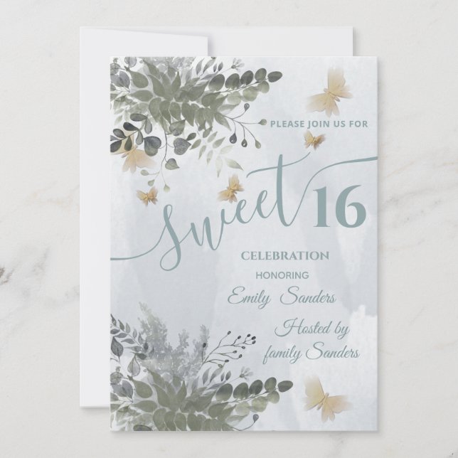 Invitation Dusty bleu Chic aquarelle vert eucalyptus In (Devant)
