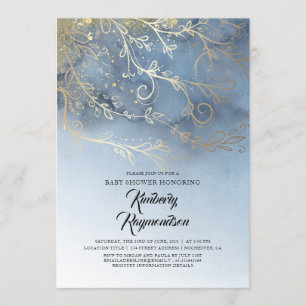 Invitation Dusty Bleu et Or Moderne Baby shower élégant
