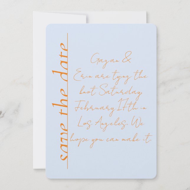 Invitation Dusty bleu et orange Love Note Enregistrer la date (Devant)