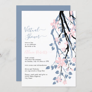 Invitation Dusty bleu, fleurs roses douche de mariée virtuell