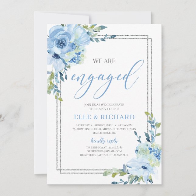 Invitation Dusty bleu floral argent parties scintillant nous  (Devant)