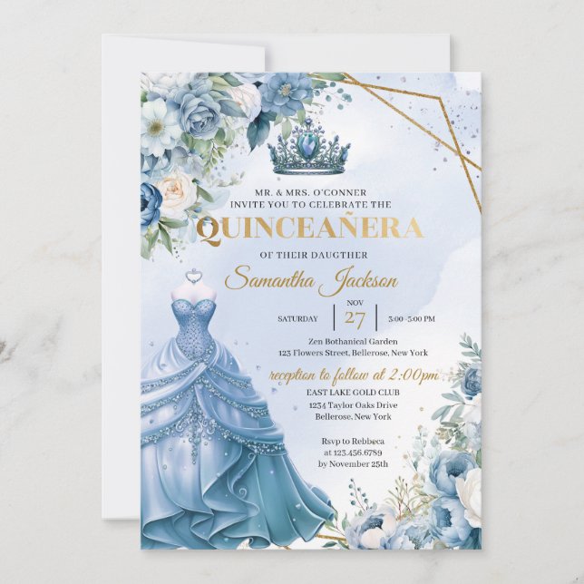 Invitation Dusty bleu floral Twin Princess Robe Quinceañera (Devant)
