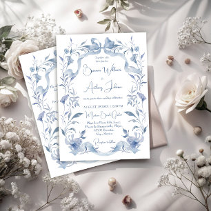 Invitation Dusty bleu floral vert ruban élégant mariage