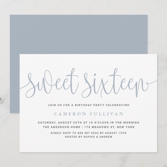 Invitation Dusty Bleu Jolie Calligraphie Douce 16 Partie (Devant / Derrière)