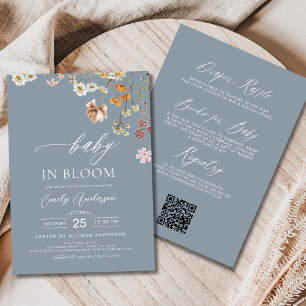 Invitation Dusty Bleu QR Code Fleur sauvage Baby in Bloom