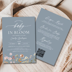Invitation Dusty Bleu QR Code Fleur sauvage Baby in Bloom