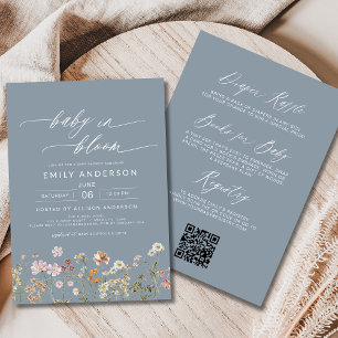 Invitation Dusty Bleu QR Code Fleur sauvage Baby in Bloom