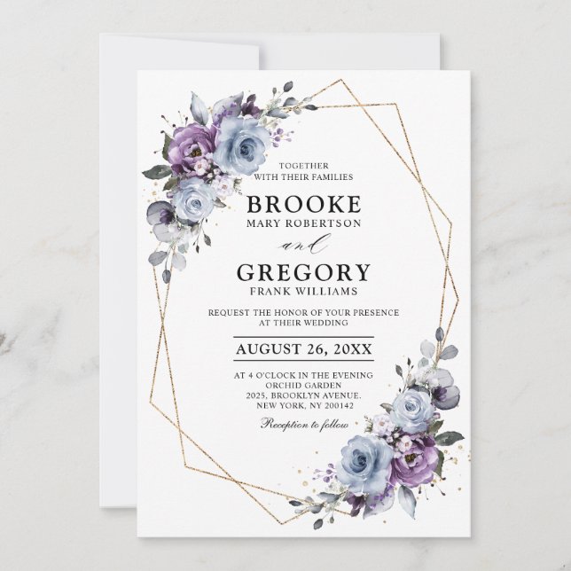 Invitation Dusty bleu violet or Mariage géométrique (Devant)