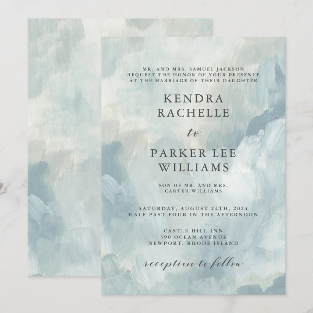 Invitation Dusty Blue Abstrait Brushstrokies Mariage moderne (Devant / Derrière)