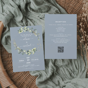 Invitation Dusty Blue All in One Eucalyptus QR Code Mariage