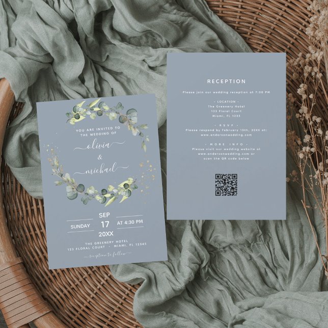 Invitation Dusty Blue All in One Eucalyptus QR Code Mariage (Créateur téléchargé)