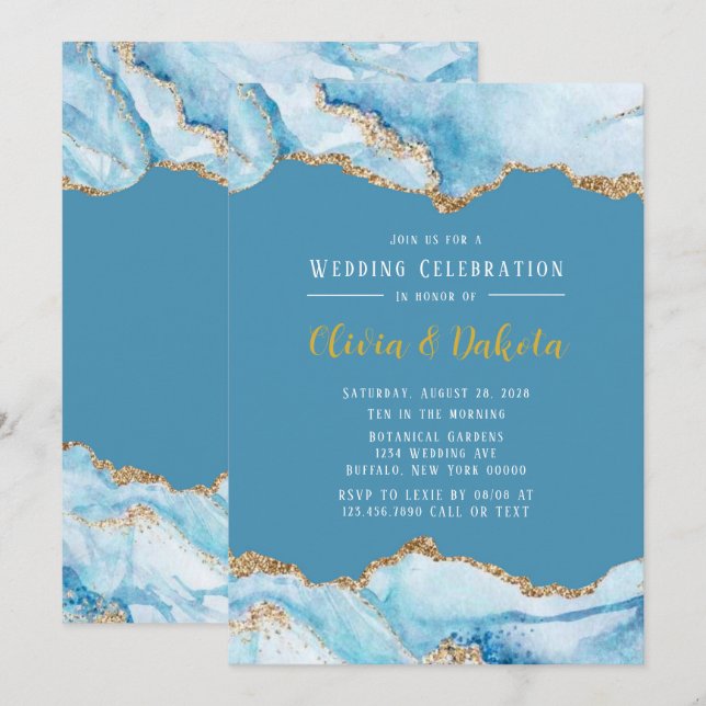 Invitation Dusty Blue and Gold Agate Mariage élégant (Devant / Derrière)