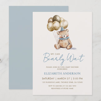 Invitation Dusty Blue and Gold Bearly Wait Bear Baby Shower