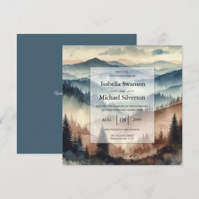 Invitation Dusty Blue and Mocha Brown Mountains Wedding (Devant / Derrière)
