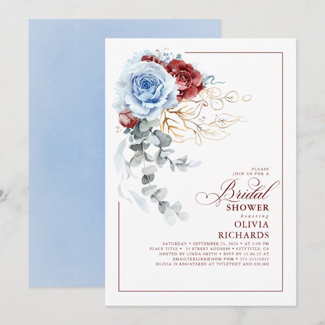Invitation Dusty Blue and Red Floral Botanic Bridal Shower (Devant / Derrière)