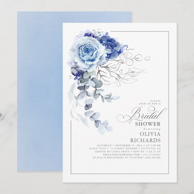 Invitation Dusty Blue and Silver Floral Botanic Bridal Shower (Devant / Derrière)