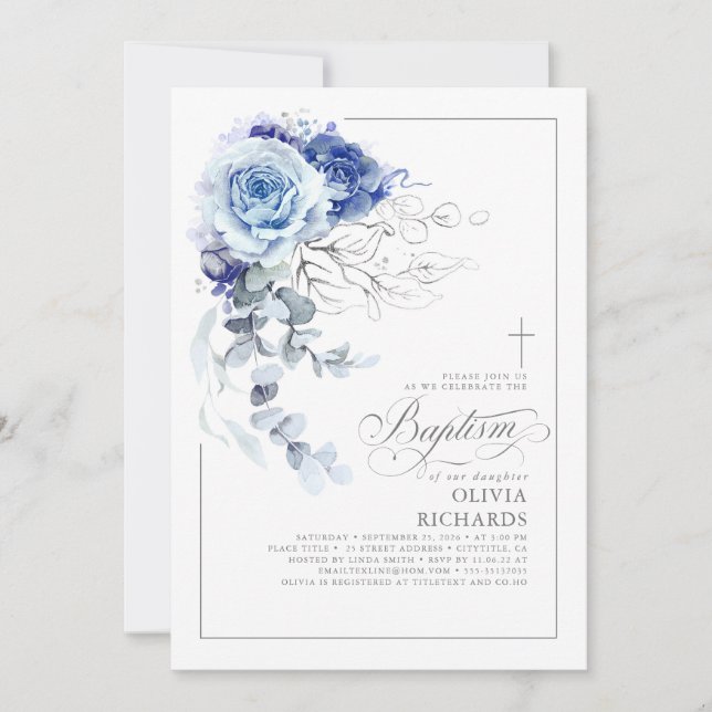 Invitation Dusty Blue and Silver Floral Elegant Baptism (Devant)