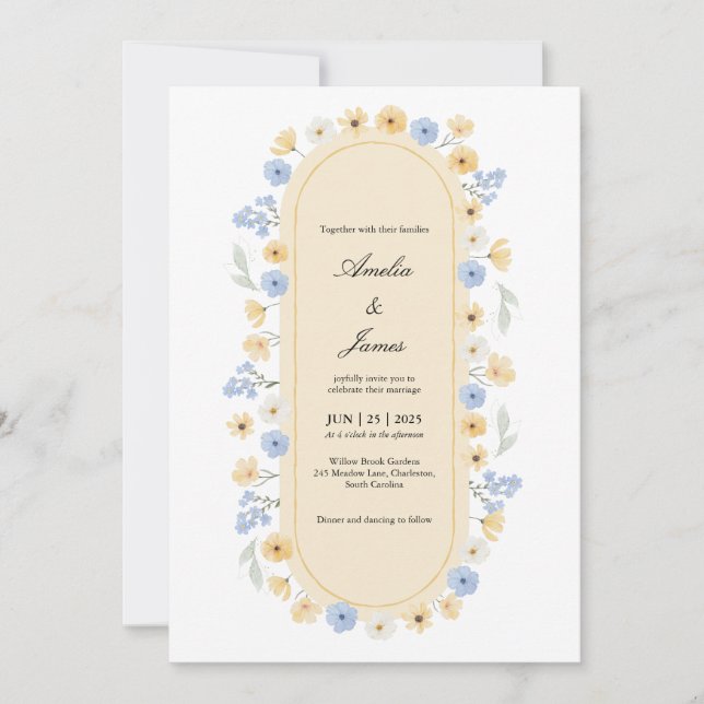 Invitation Dusty Blue and Yellow Wildflower Garden Wedding (Devant)