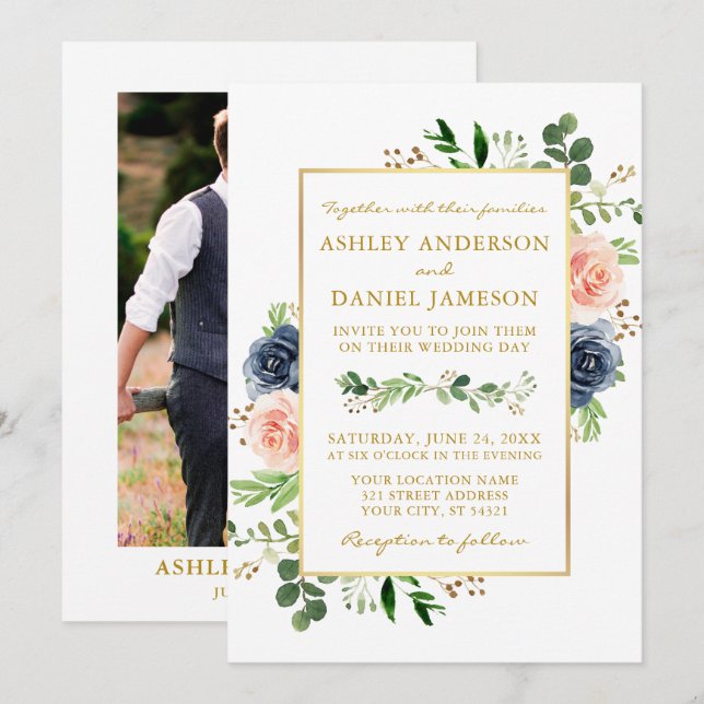 Invitation Dusty Blue Aquarelle Rose Photo Mariage or (Devant / Derrière)