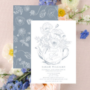 Invitation Dusty Blue Baby Tea Party Douche Vintage Floral