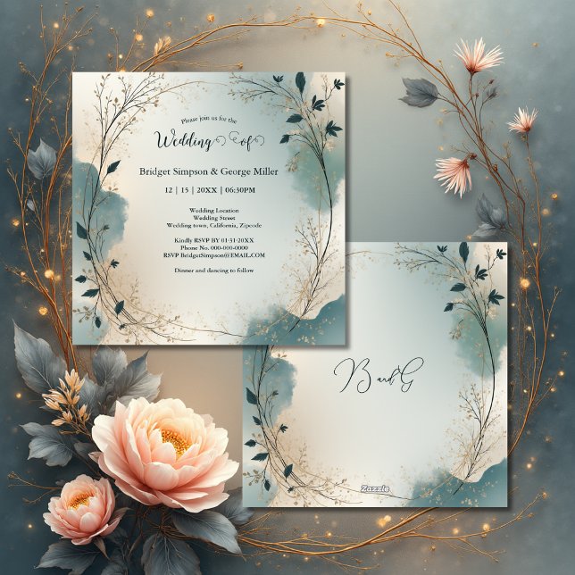 Invitation Dusty Blue Beige Boho Chic foliage wreath Wedding (Créateur téléchargé)