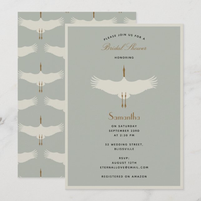 Invitation Dusty Blue Birds Swans Fête des mariées Art Déco (Devant / Derrière)