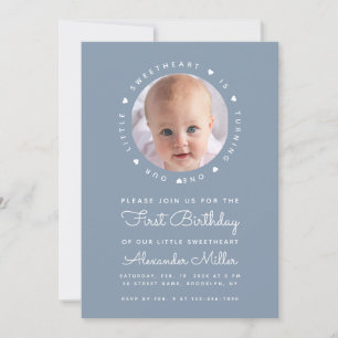 Invitation Dusty Blue Birthday Boy Photo Little Sweetheart