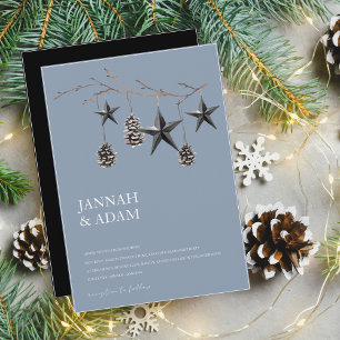 Invitation Dusty Blue Black Christmas Stars Pinecones Mariage