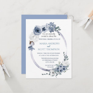 Invitation Dusty Blue Blanc Floral Oval Frame Mariage