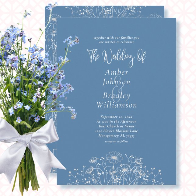 Invitation Dusty Blue Blanc Floral QR Code Mariage élégant (Créateur téléchargé)