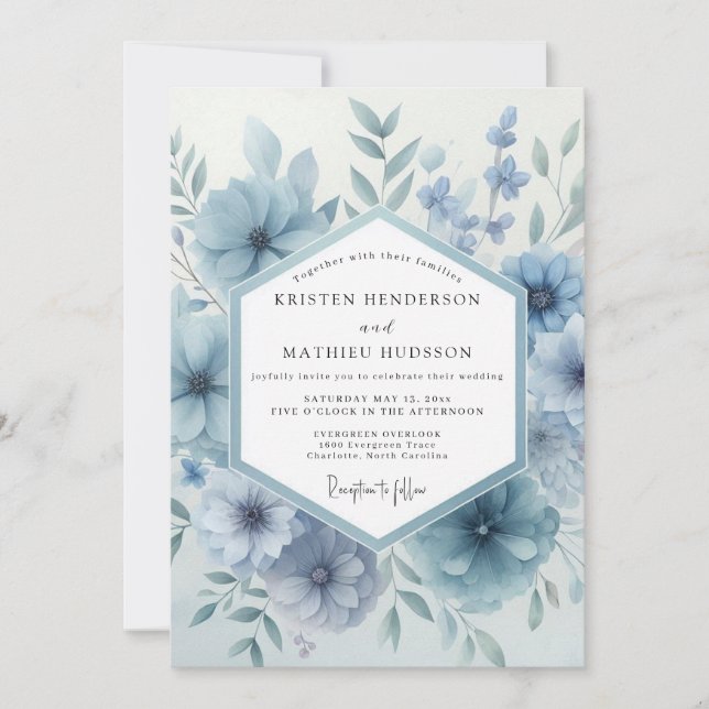 Invitation Dusty Blue Bloom Botanical Wedding (Devant)