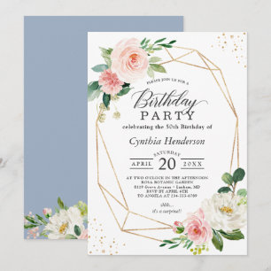 Invitation Dusty Blue Blush Floral Géométrique fête d'anniver