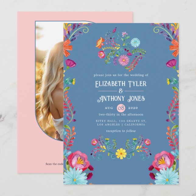Invitation Dusty Blue & Blush Floral Mexican Fiesta Wedding (Devant / Derrière)