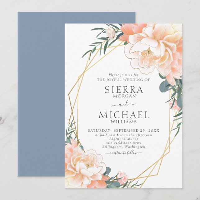 Invitation Dusty Blue Blush Gold Peach Floral Mariage (Devant / Derrière)