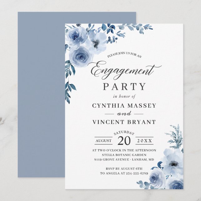 Invitation Dusty Blue Bohemian Floral Engagement Party (Devant / Derrière)