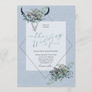 Invitation Dusty Blue Boho Cow Crâne Floral Aquarelle