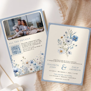 Invitation Dusty Blue Boho Fleur sauvage Photo QR Code Mariag