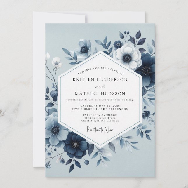 Invitation Dusty Blue Botanical Bloom Wedding (Devant)
