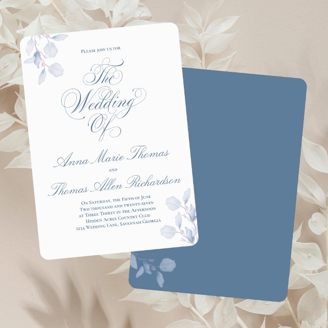 Invitation Dusty Blue Botanical Elegant Wedding Of Minimal (Dusty blue “The Wedding Of” invitation with soft florals and elegant calligraphy script.)