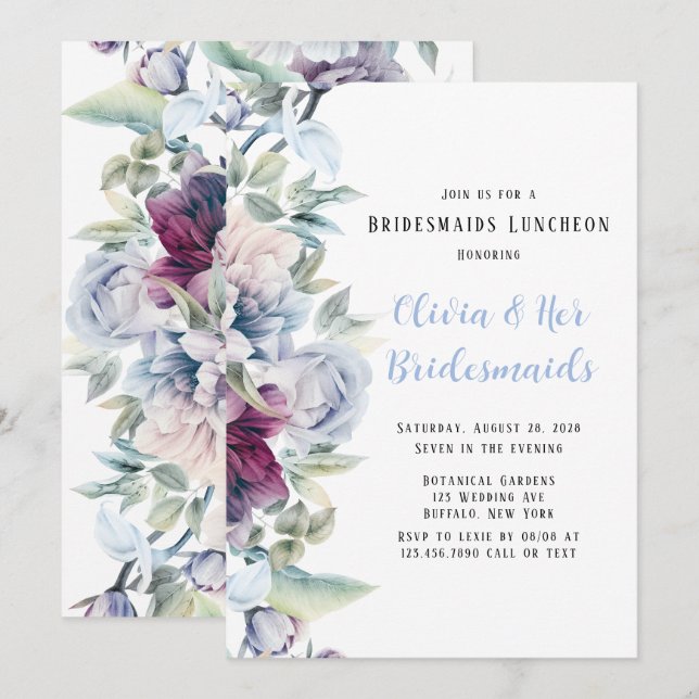 Invitation Dusty Blue Botanical Florals Bridesmaids Déjeuner (Devant / Derrière)