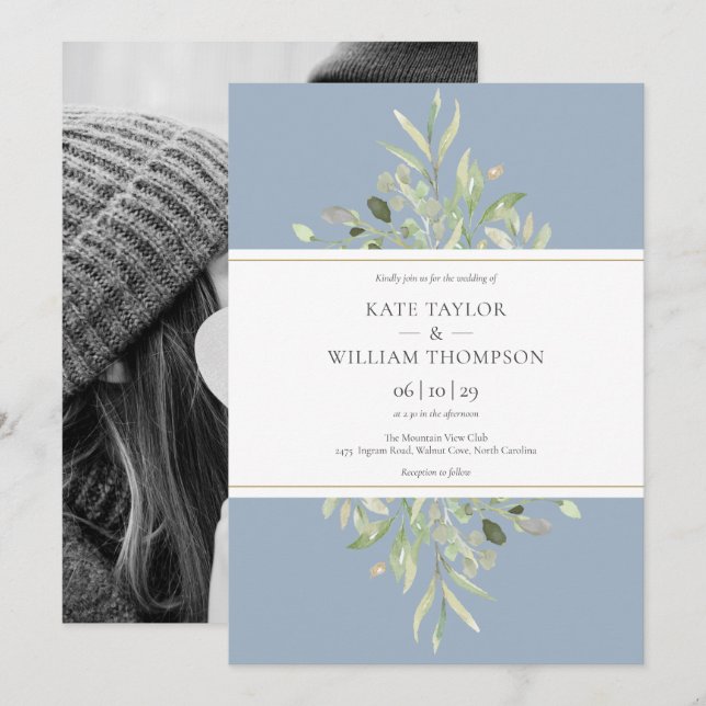 Invitation Dusty Blue Botanical Greenery Mariage photo (Devant / Derrière)