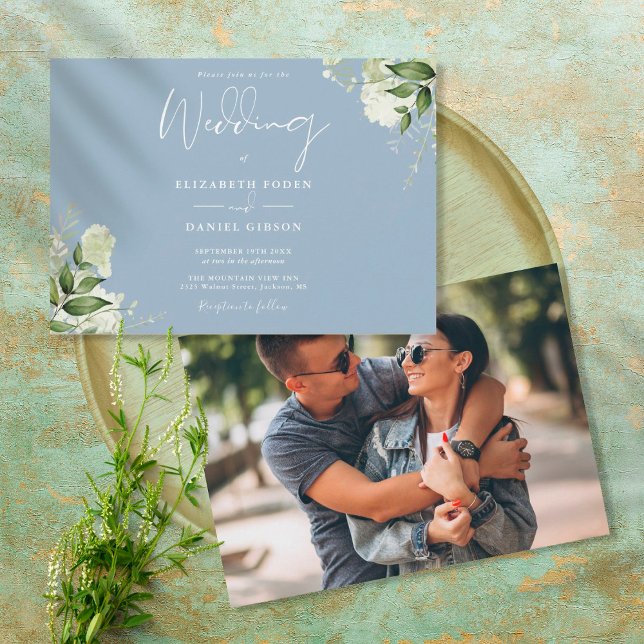 Invitation Dusty Blue Botanical Greenery Mariage photo (Créateur téléchargé)