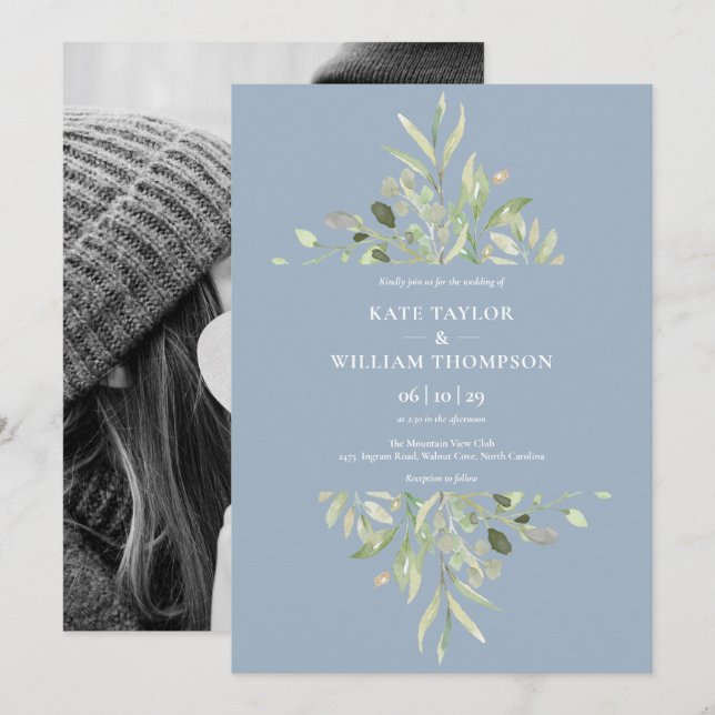 Invitation Dusty Blue Botanical Greenery Photo Mariage Invita (Devant / Derrière)