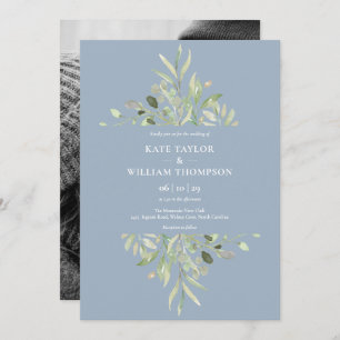 Invitation Dusty Blue Botanical Greenery Photo Mariage Invita